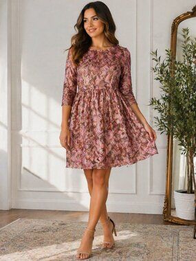 XXI Pink Gold Metallic Brocade Dress Fit & Flare 3/4 Sleeve Textured Party Dress